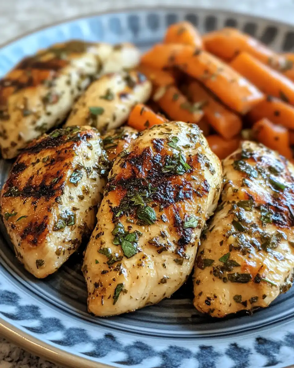 Final plated garlic herb chicken and carrot purée drizzled with brown butter