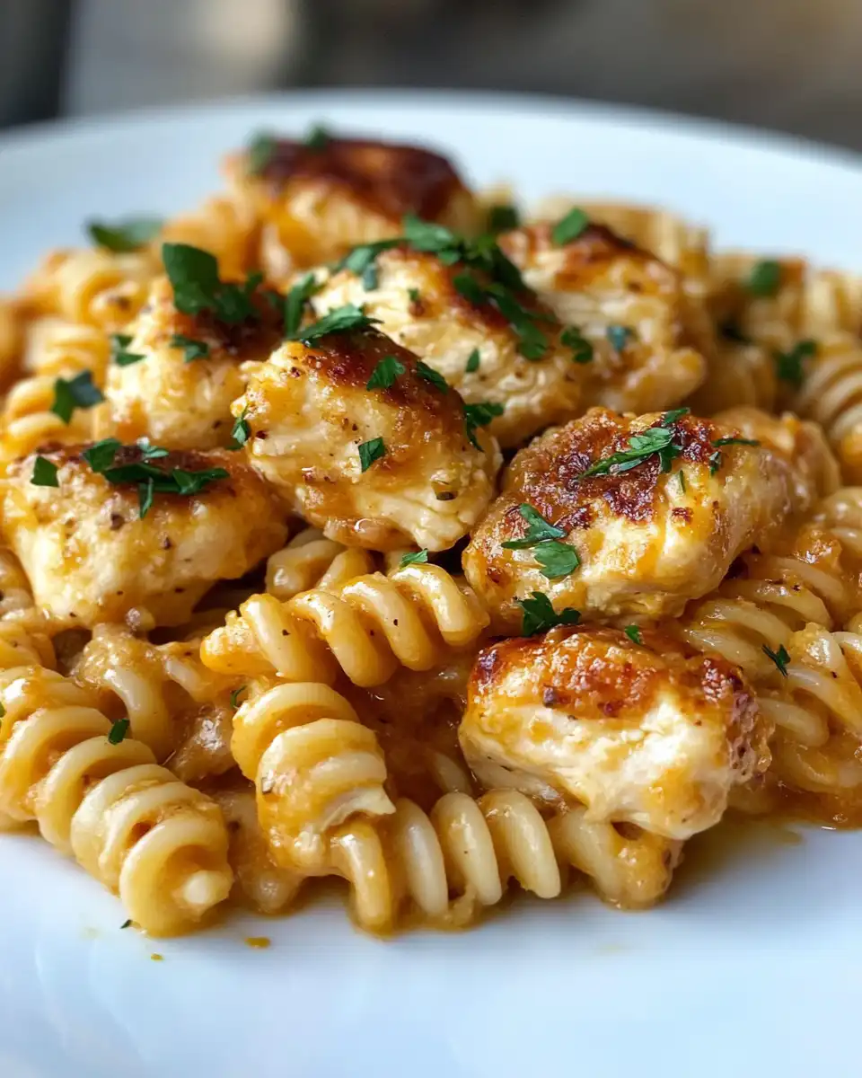 Creamy sauce coating chicken bites and cooked rotini pasta ready to be served
