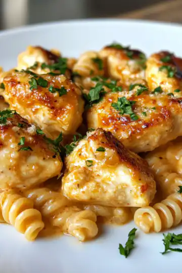 Garlic Parmesan Chicken Bites With Creamy Rotini taken with iphone 15 pro max --iw 2 --ar 4:5 --v 6.1 --raw