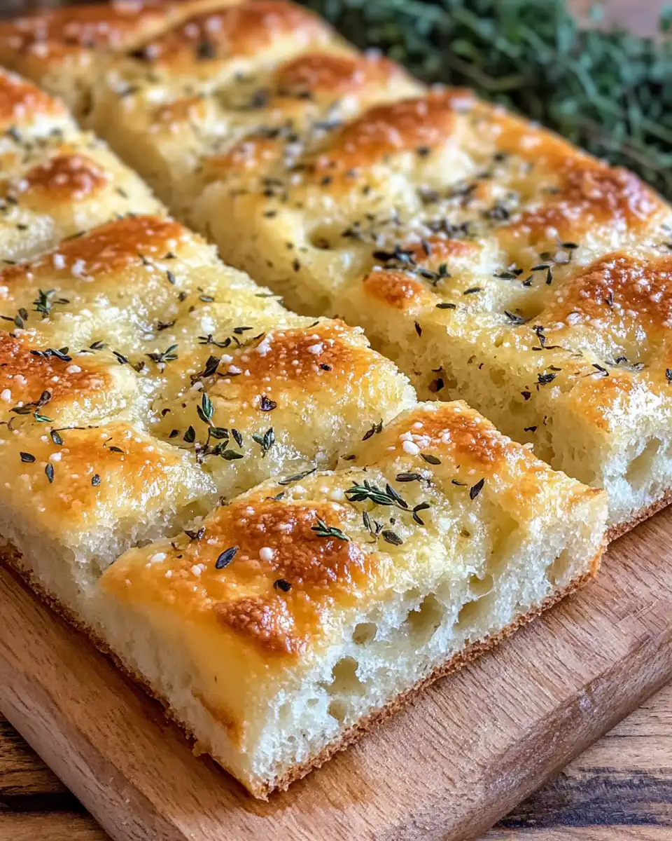 Sliced garlic Parmesan focaccia bread served warm with golden crispy edges