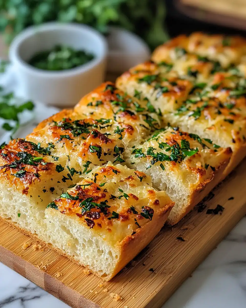 Golden, soft pull-apart garlic parmesan bread fresh from oven