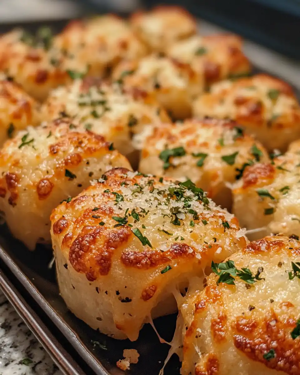 Final serving suggestion of garlic Parmesan pizza rolls arranged on a plate with dipping sauce
