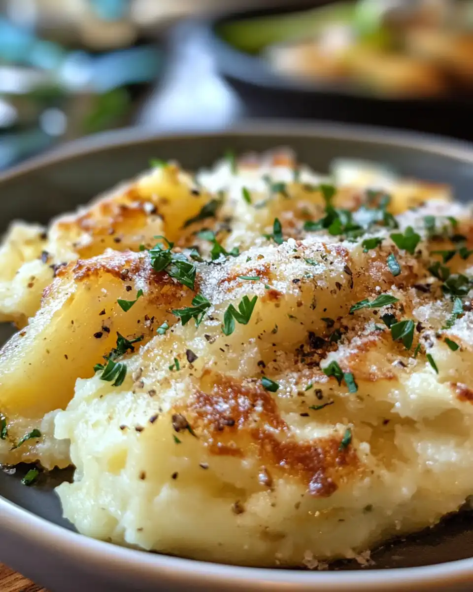 Golden crispy smashed potatoes served on a white plate with fresh herbs