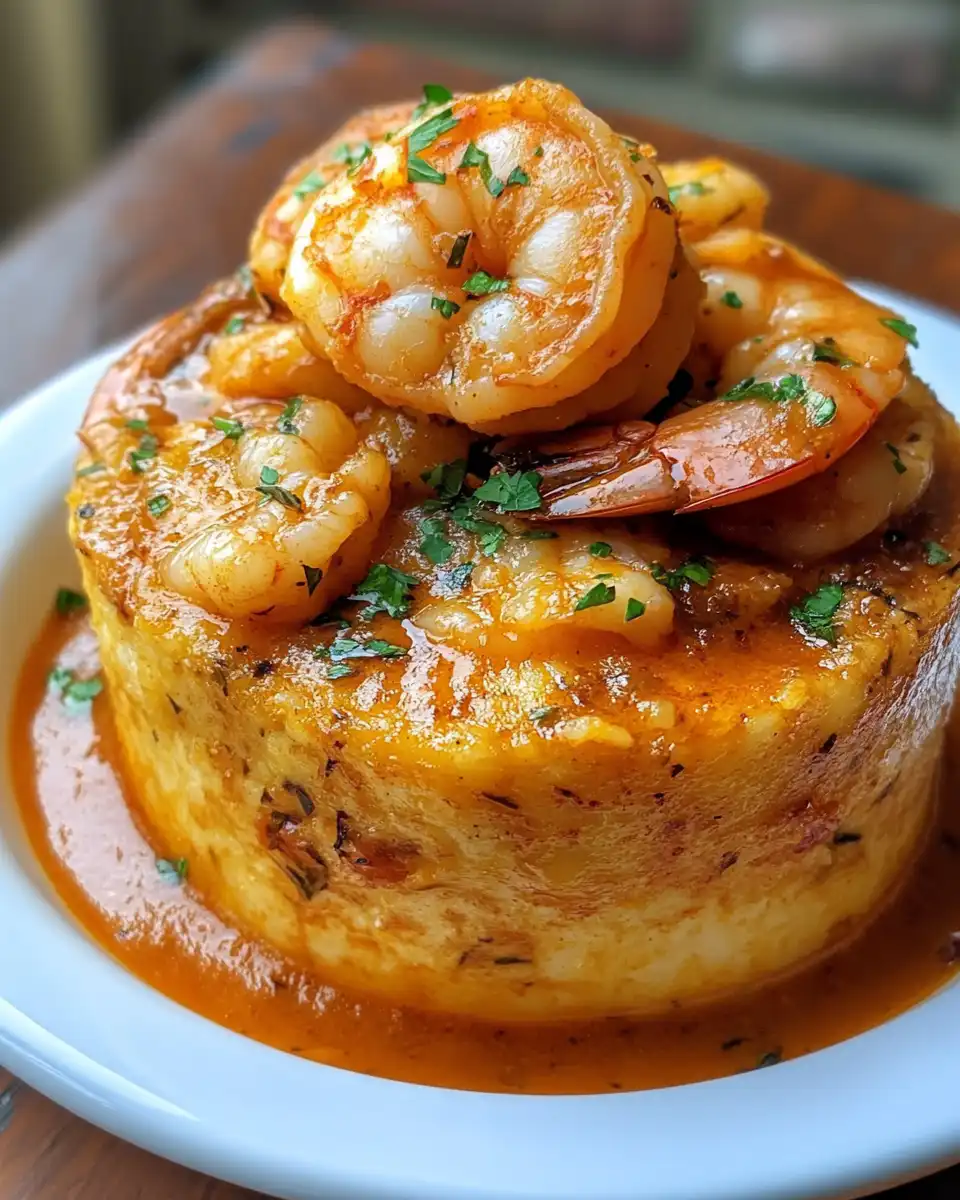 Plated creamy garlic shrimp mofongo ready to enjoy with cilantro garnish