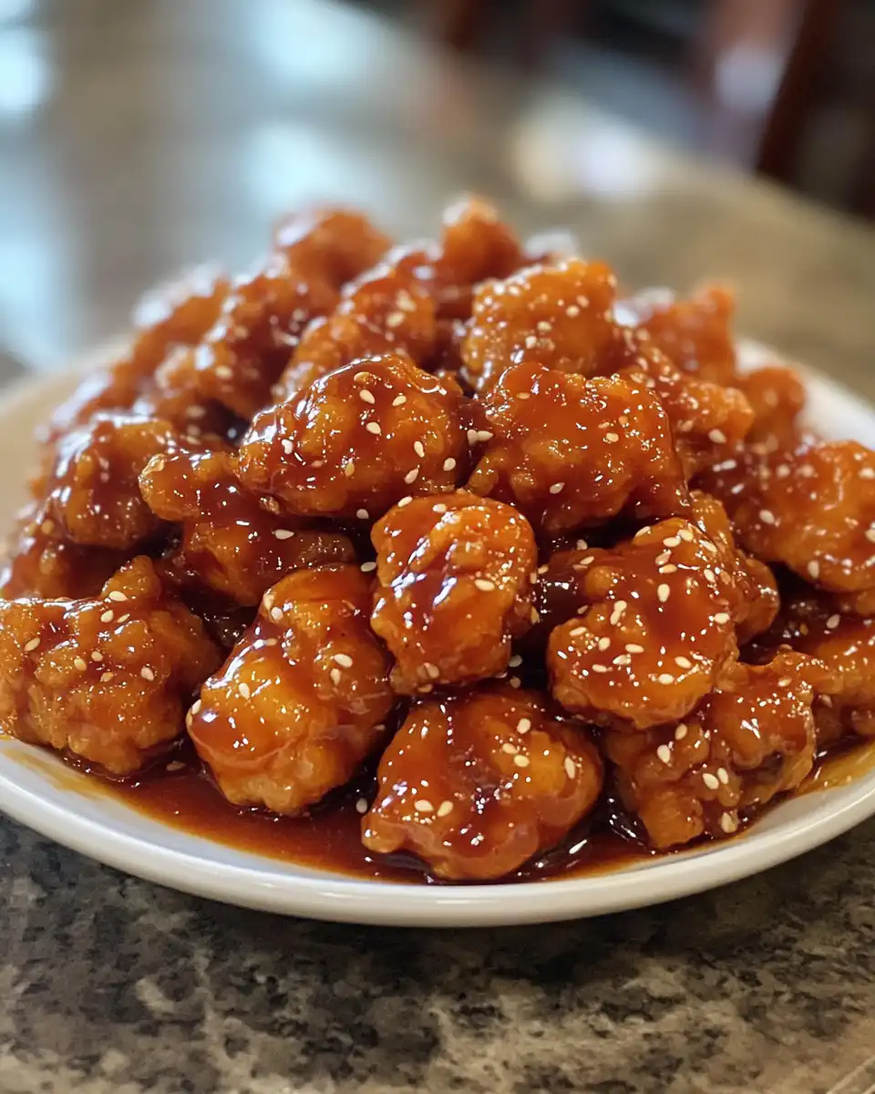 Sticky glazed General Tso's chicken ready to serve