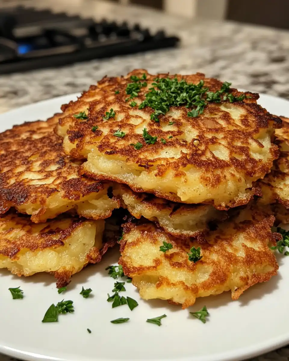 Served Kartoffelpuffer garnished with chives and sprinkled sugar ready to eat
