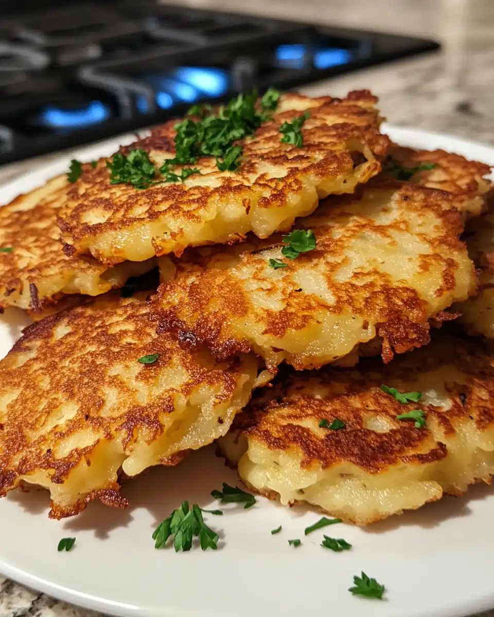 Close-up of golden crispy Kartoffelpuffer straight from the skillet