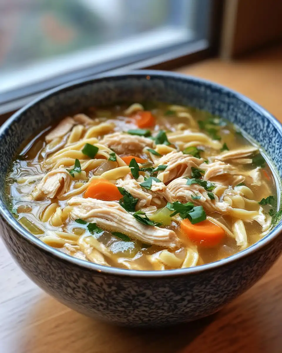 Delicious bowl of ginger garlic chicken noodle soup garnished with fresh cilantro
