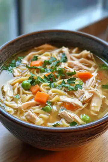 Ginger Garlic Chicken Noodle Soup taken with iphone 15 pro max --iw 2 --ar 4:5 --v 6.1 --raw