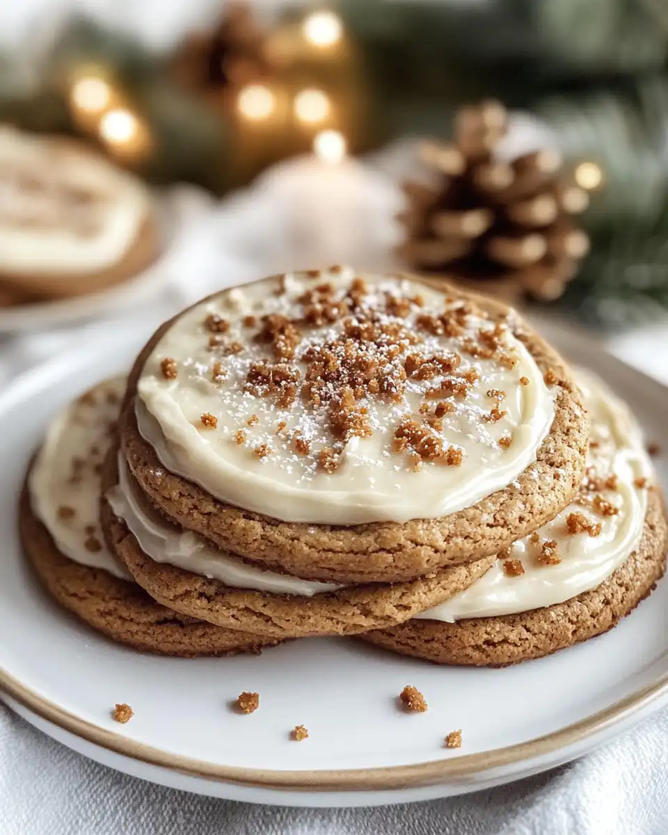 Finished gingerbread cheesecake cookies ready to serve with a warm drink