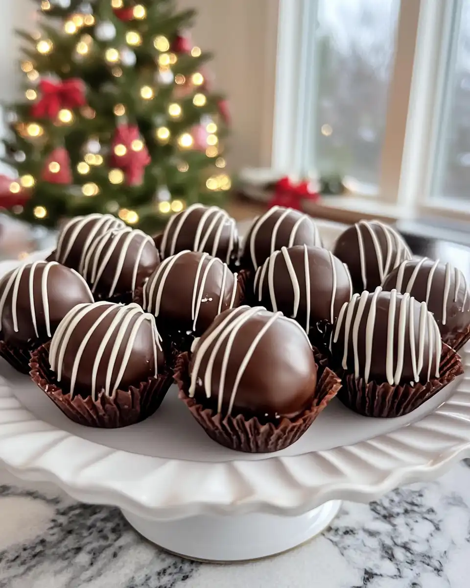 Close-up of finished gingerbread truffles coated in white and dark chocolate and garnished with crushed cookies