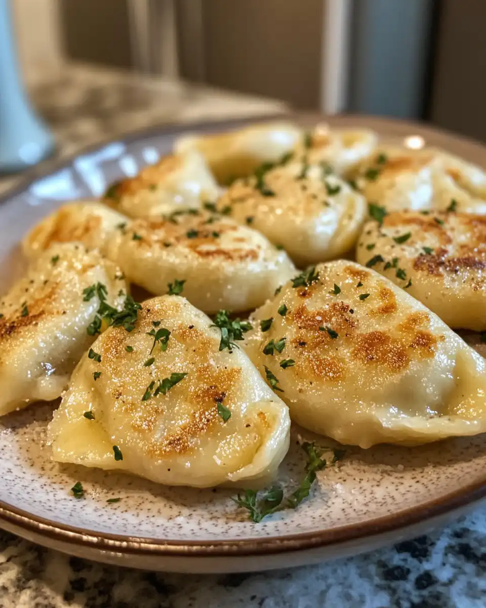 Golden crispy pan-fried gluten-free pierogi on serving plate