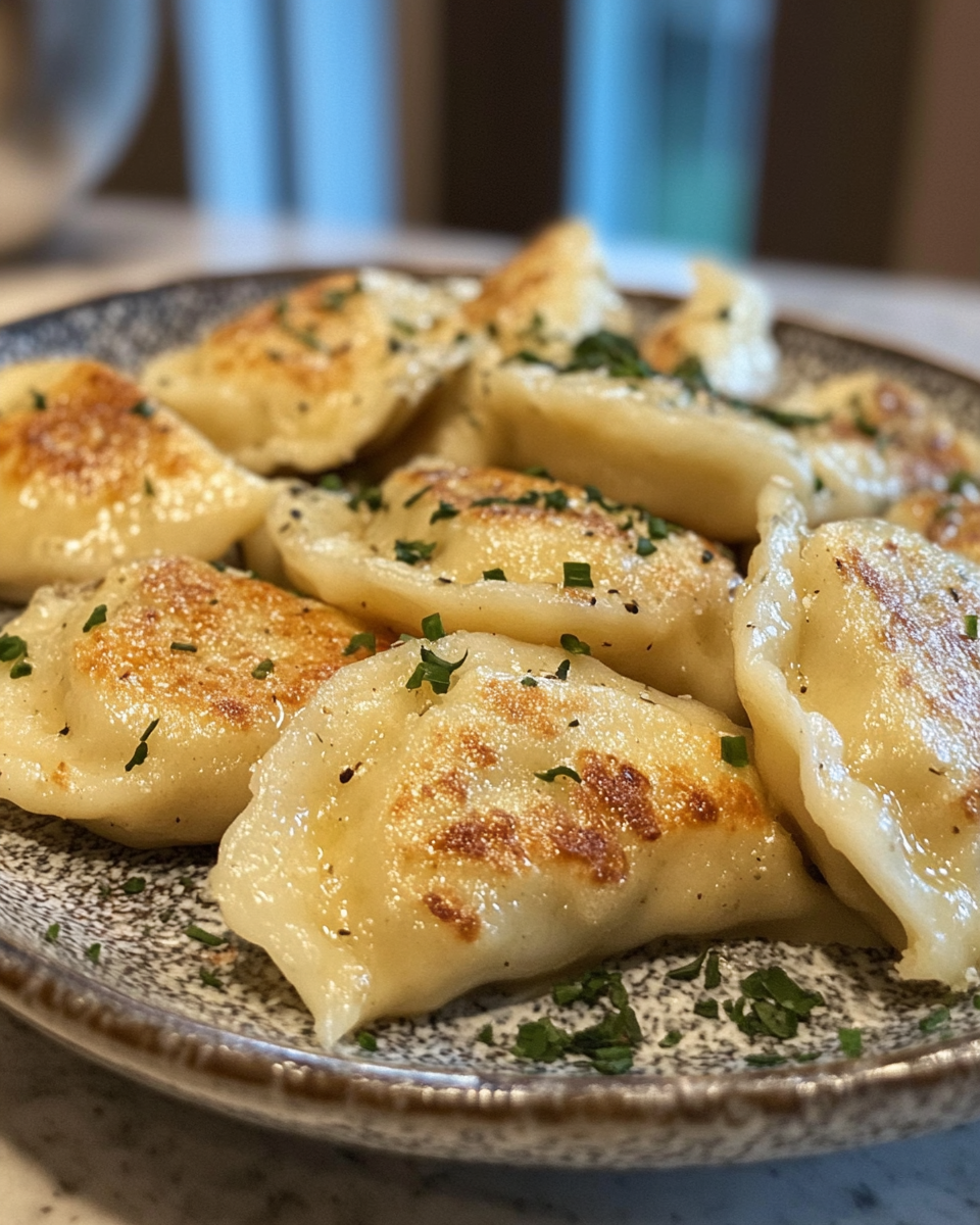 Fresh gluten-free potato pierogi in pot with steam