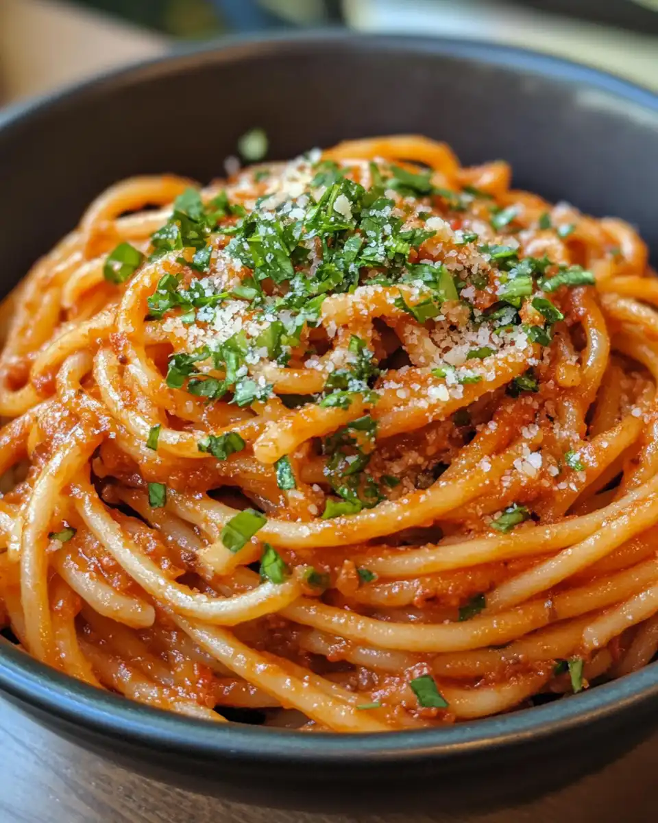 Finished plate of creamy gochujang pasta garnished with chives and parmesan