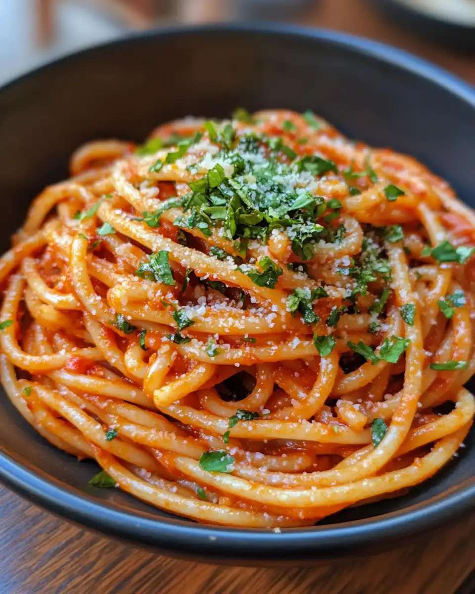 Gochujang pasta simmering in creamy sauce in pressure cooker