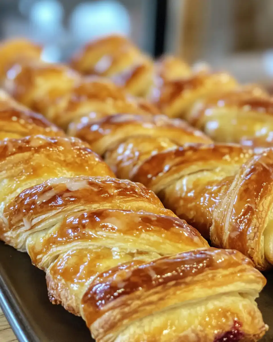 Served golden flaky berry puff pastry twists on a plate
