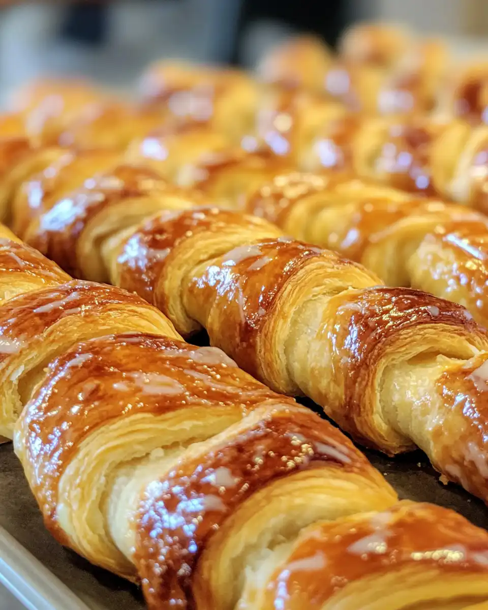 Golden flaky berry puff pastry twists with sweet glaze fresh from the cooker