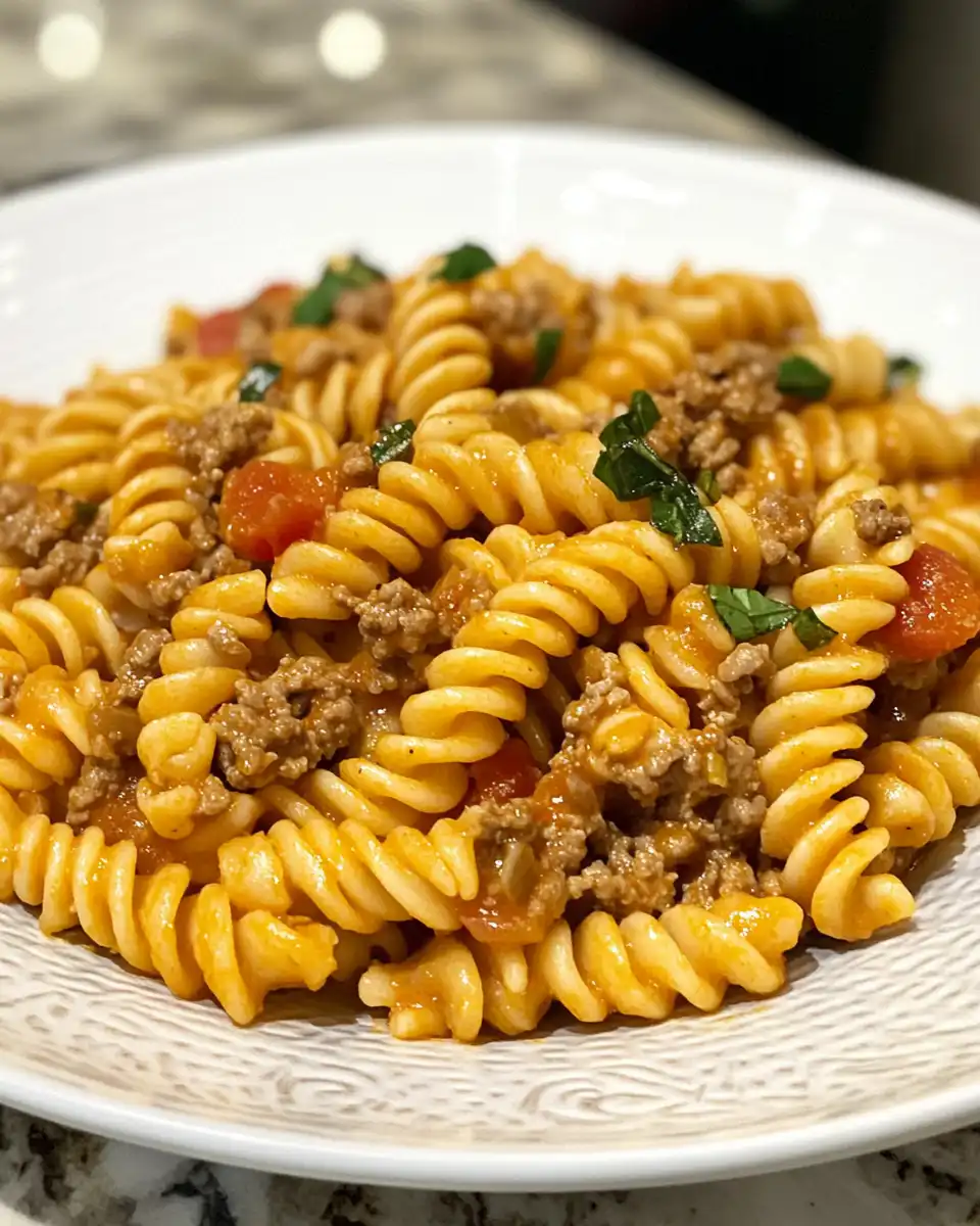 Serving of ground turkey pasta garnished with fresh basil and Parmesan