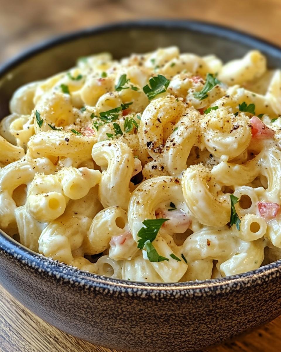 Served bowl of Hawaiian macaroni salad with fresh green onions and carrots