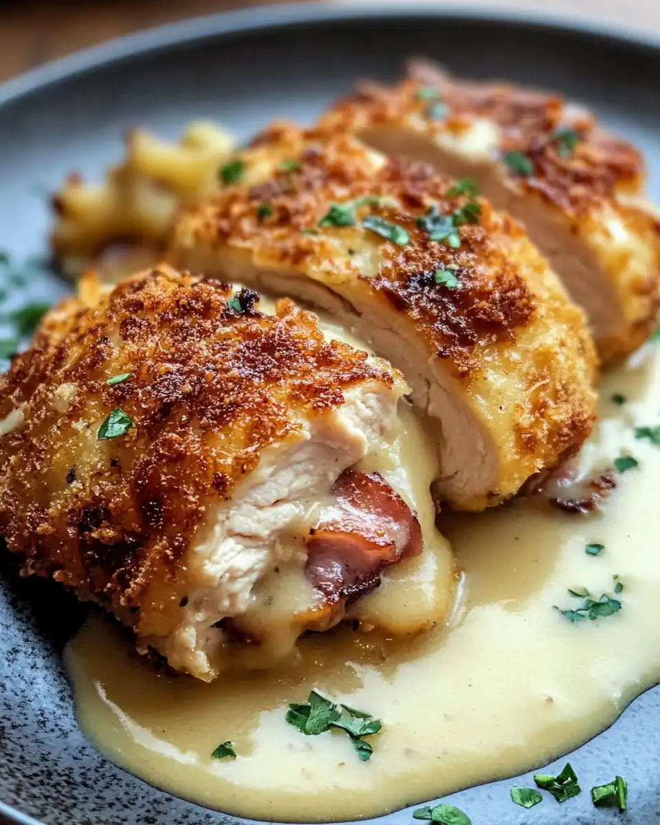 Chicken cordon bleu rolls breading station with flour, egg wash and Parmesan breadcrumbs