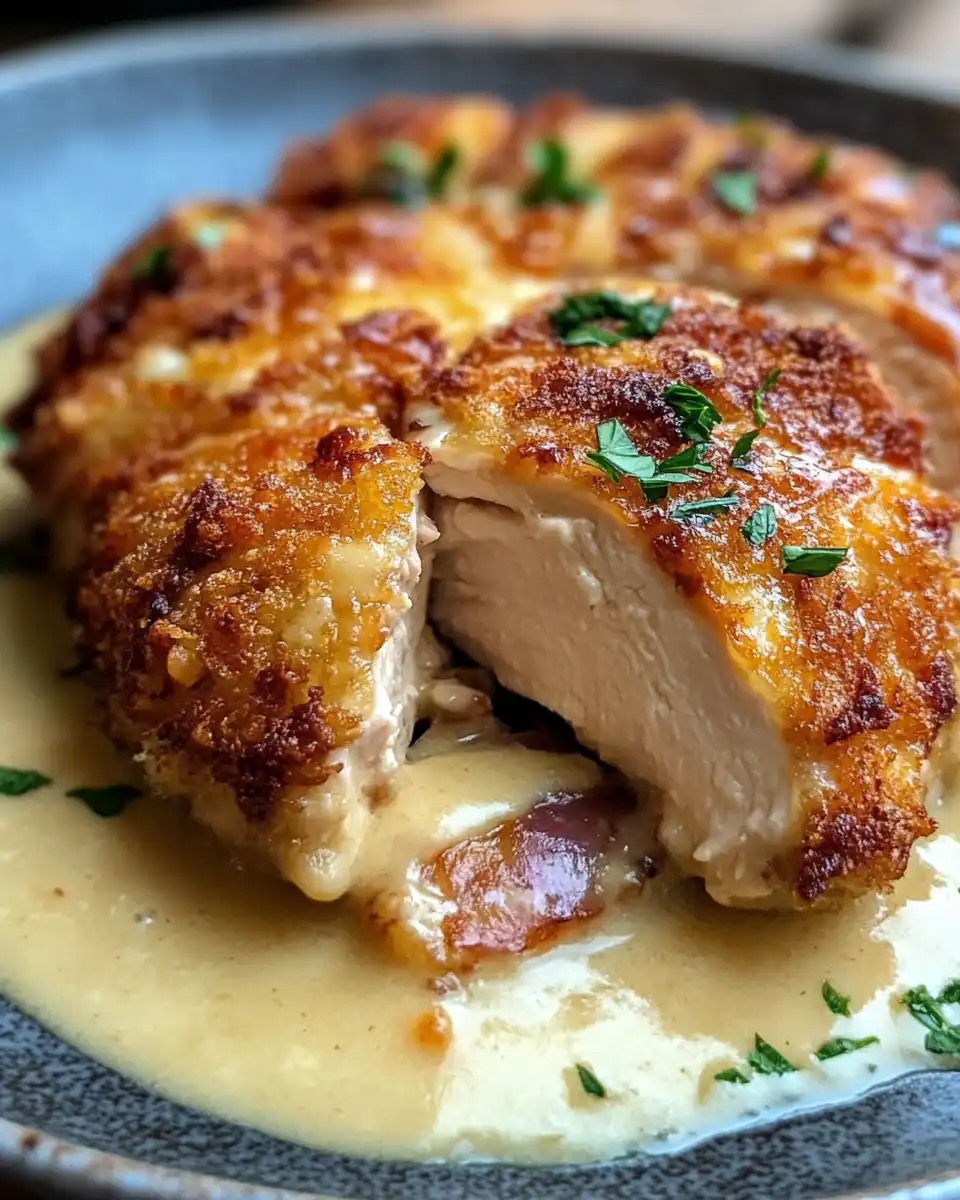 Sliced chicken cordon bleu plated with golden crust and melted cheese inside