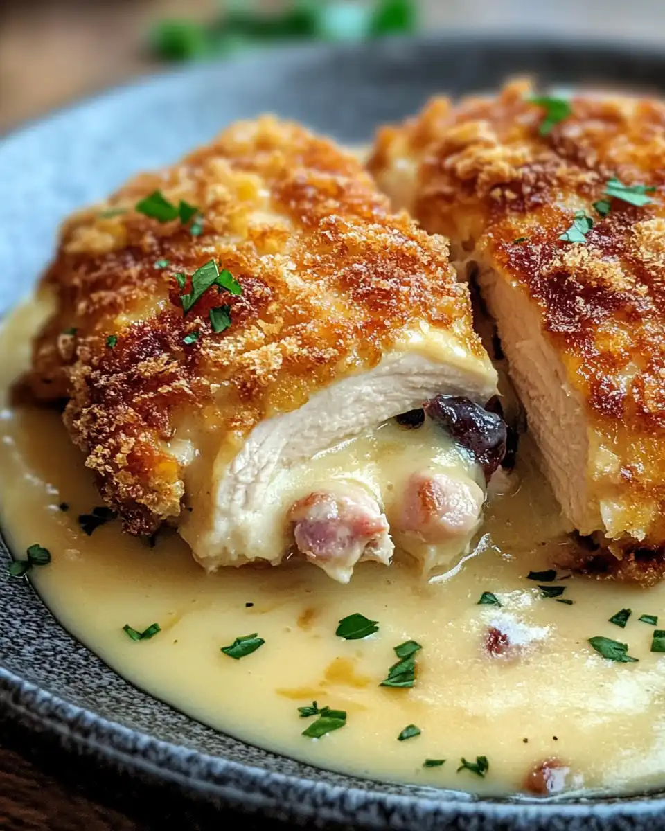 Close-up of Gordon Ramsay's chicken cordon bleu crispy golden crust