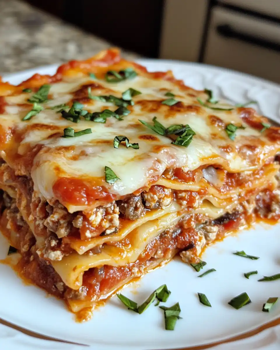 Golden and bubbly baked Italian lasagna served warm on a plate