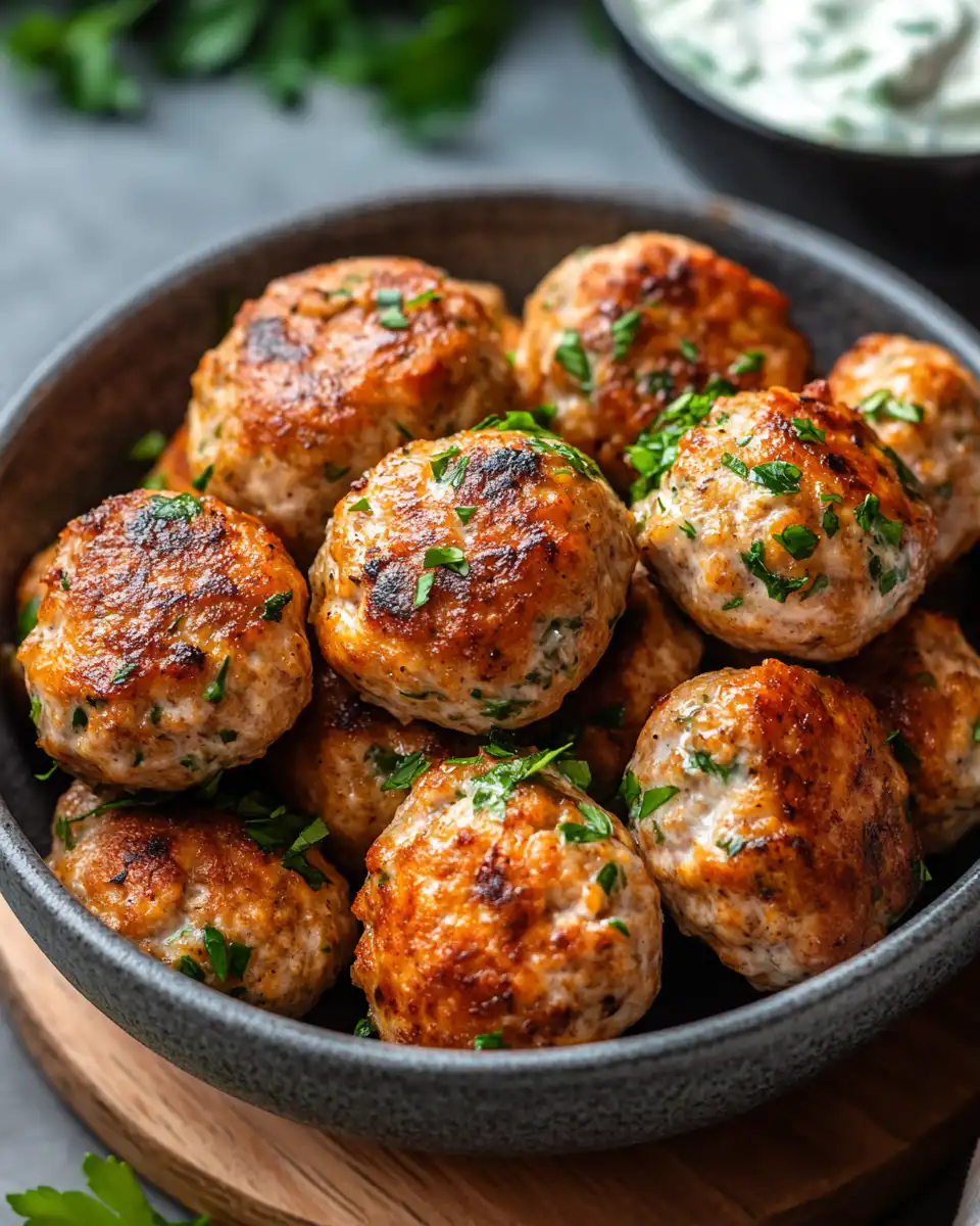 Golden baked Greek chicken meatballs served with creamy tzatziki sauce