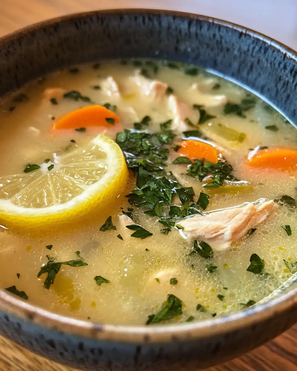 Bowl of Greek lemon chicken soup garnished with fresh parsley