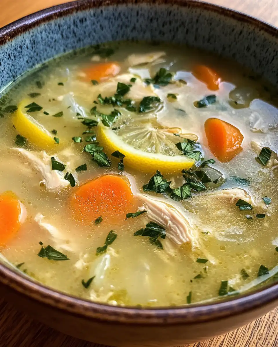Close up of Greek lemon chicken soup simmering in pressure cooker with steam