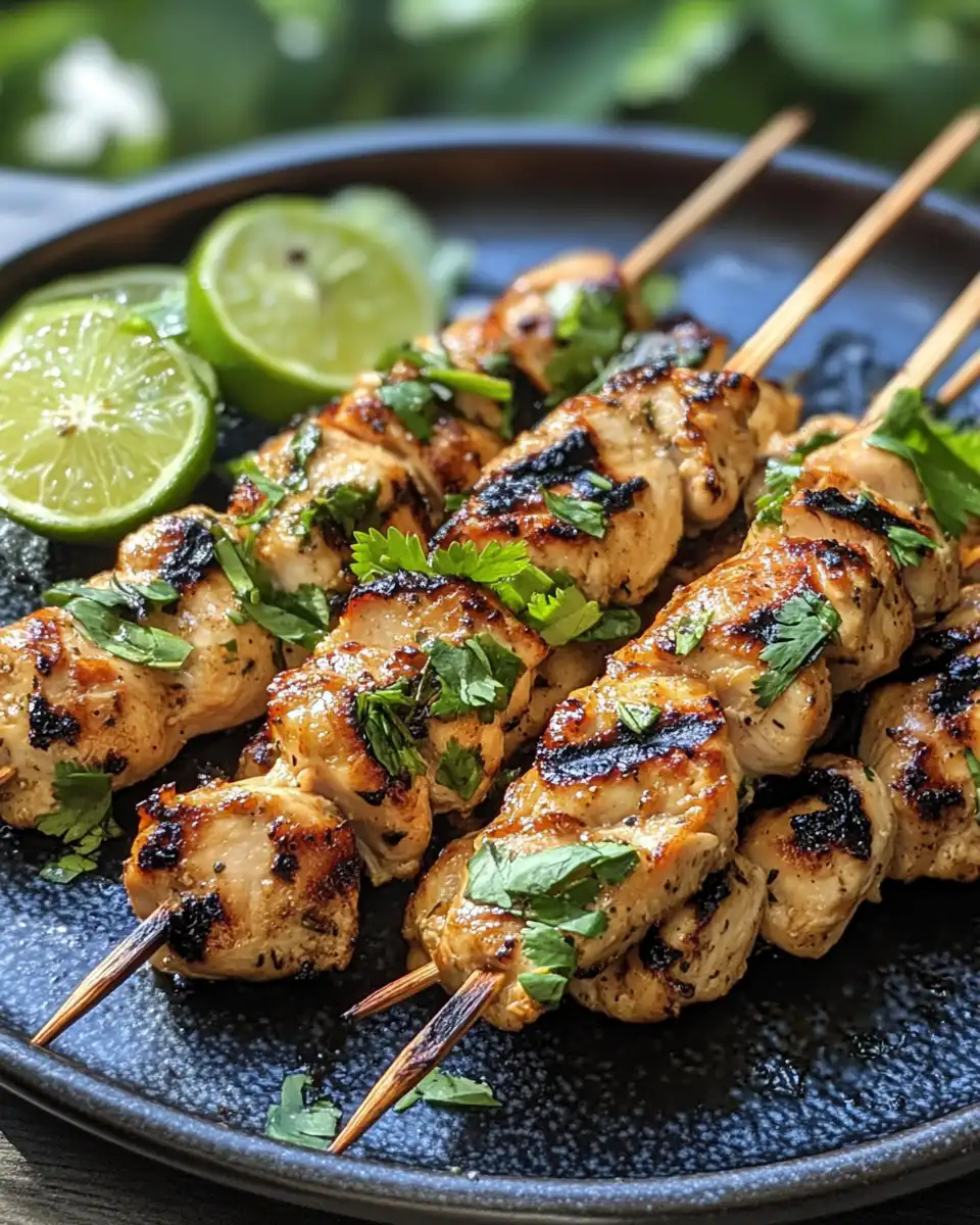 Marinated chicken strips threaded on bamboo skewers ready to grill