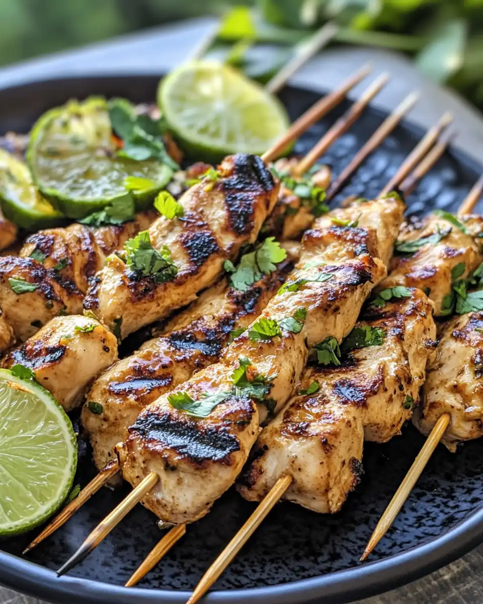 Plated grilled Thai coconut chicken skewers with a side of coconut rice and cilantro garnish