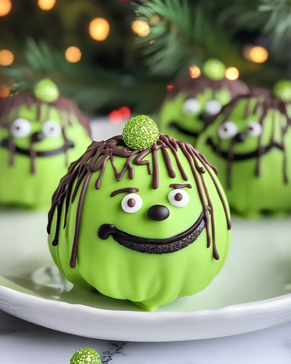 Finished Grinch Oreo truffles chilling on parchment-lined tray, topped with red heart sprinkles