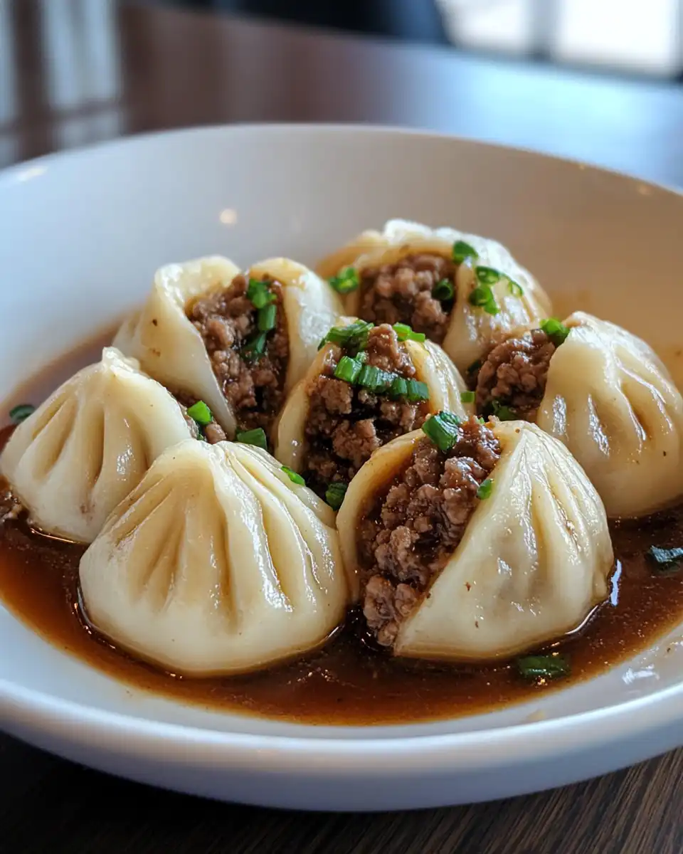Close-up of creamy ground beef and dumplings ready to serve