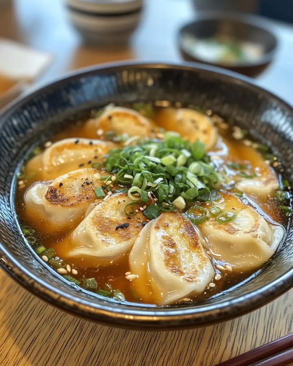Serving bowl of gyoza soup topped with scallions and toasted sesame oil
