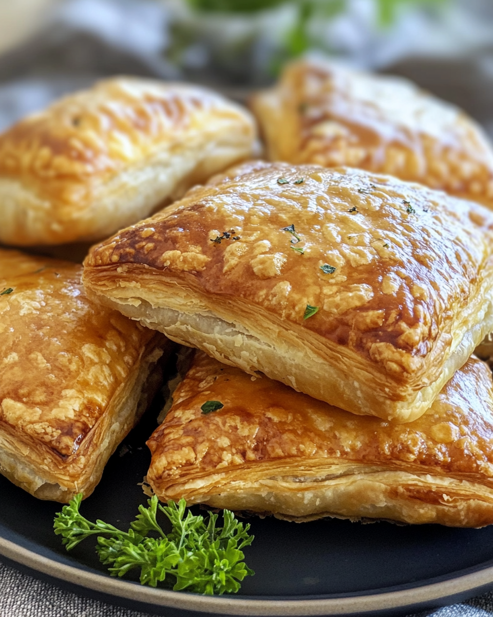 Freshly baked ham and cheese puff pastry pocket opened to show melted cheese inside