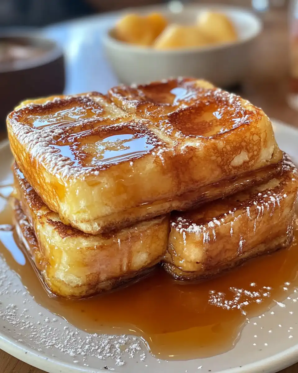 Finished Hawaiian roll French toast plated with fresh fruit and syrup