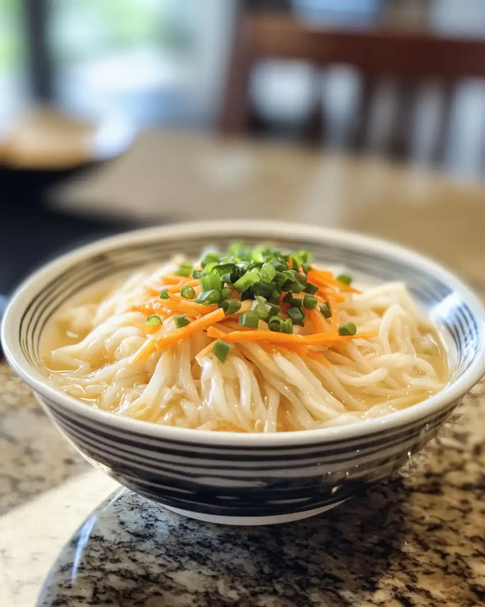 Steaming bowl of healing ginger garlic broth with rice noodles