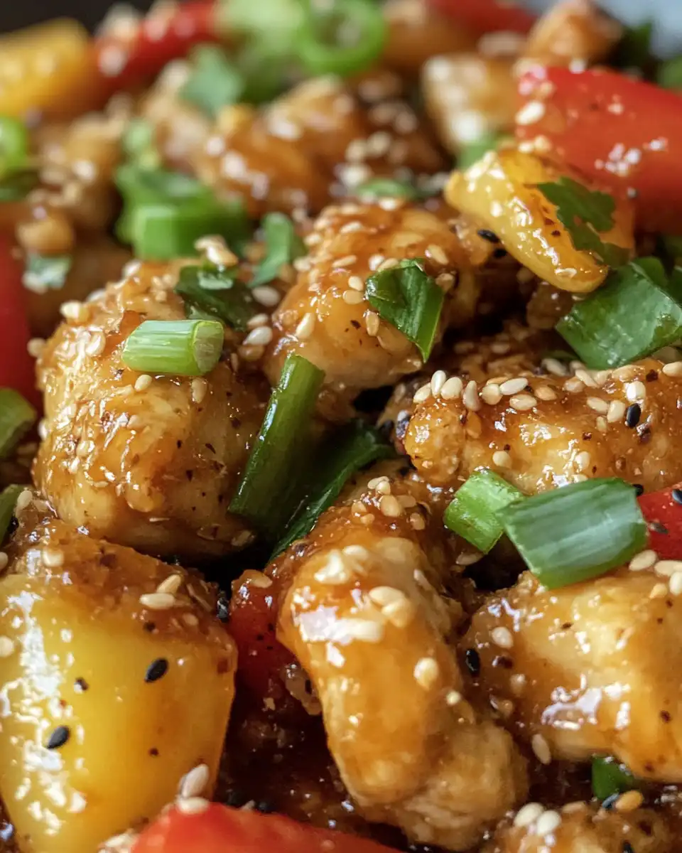 Finished pressure cooker sesame chicken served on rice with scallions and sesame seeds
