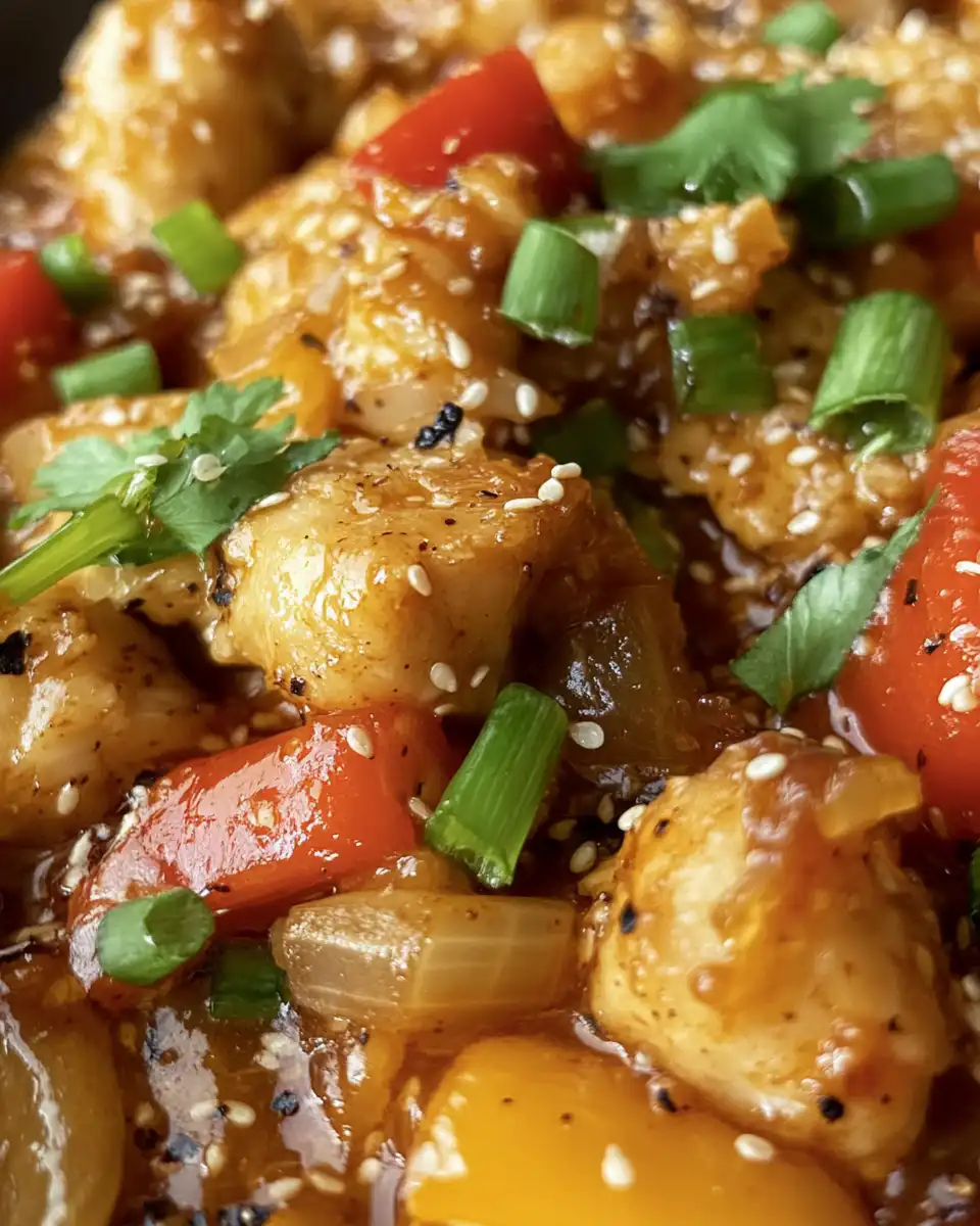 Pressure cooker with sesame chicken simmering with steam and flavor cues