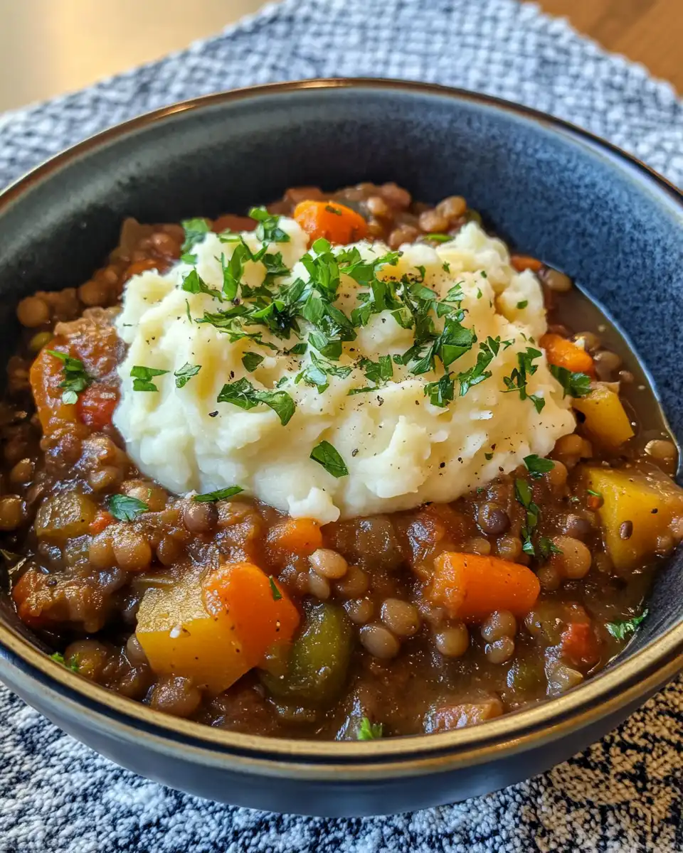 Bowl of hearty lentil and mushroom stew served on creamy mashed potatoes garnished with parsley