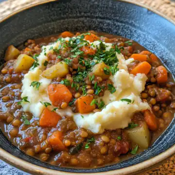 Hearty Lentil Stew With Creamy Mashed Potatoes taken with iphone 15 pro max --iw 2 --ar 4:5 --v 6.1 --raw