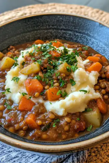 Hearty Lentil Stew With Creamy Mashed Potatoes taken with iphone 15 pro max --iw 2 --ar 4:5 --v 6.1 --raw