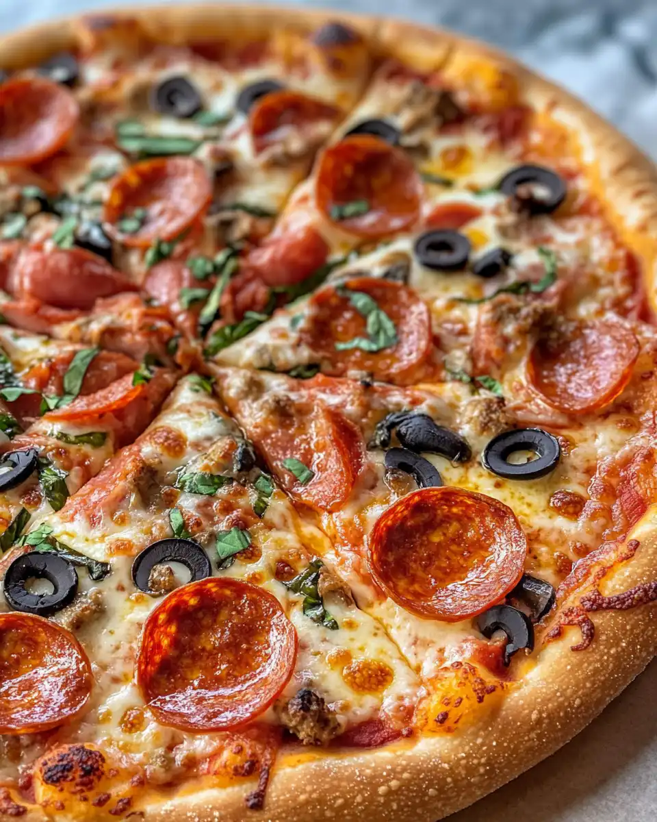 Hearty pizza pie fresh from the oven, golden crust and bubbling cheese