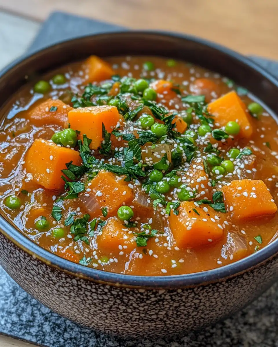 Served bowl of hearty vegan sweet potato stew with greens on top