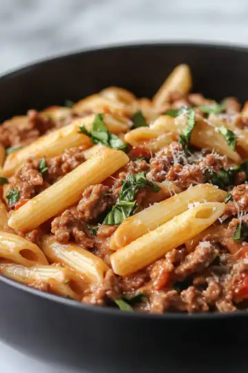 High Protein Creamy Beef Pasta Recipe For Quick Weeknight Dinners taken with iphone 15 pro max --iw 2 --ar 4:5 --v 6.1 --raw