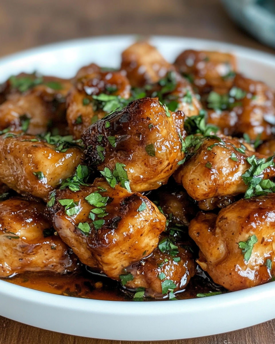 Finished honey garlic chicken served garnished with peanuts and green onions