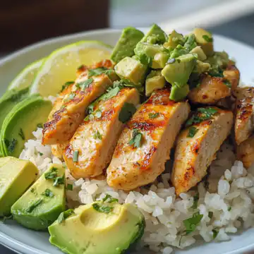 Honey Lime Chicken Avocado Rice Stack taken with iphone 15 pro max --iw 2 --ar 4:5 --v 6.1 --raw
