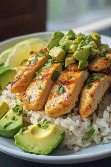 Honey Lime Chicken Avocado Rice Stack taken with iphone 15 pro max --iw 2 --ar 4:5 --v 6.1 --raw