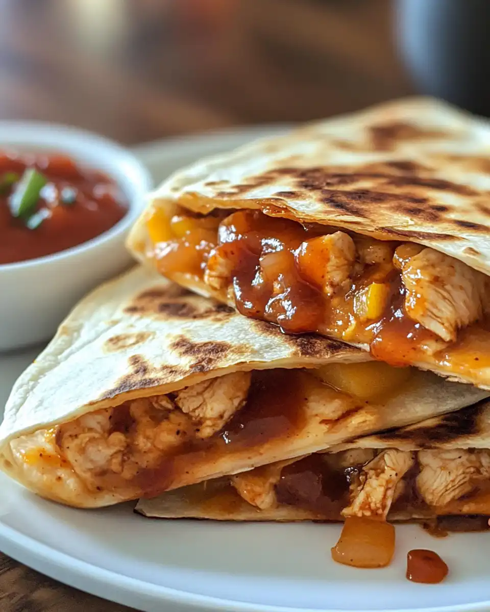 Sliced and plated hot honey BBQ chicken quesadillas served warm